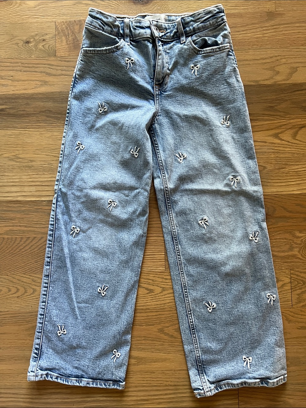 abercrombie kids Light Blue Embroidered Bow High Rise Wide Leg Jeans